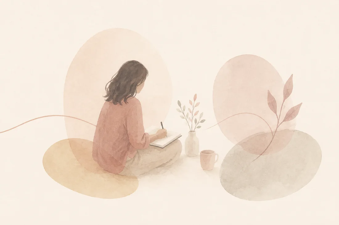 Illustration aquarellée d’une femme écrivant dans un carnet, entourée de formes végétales douces